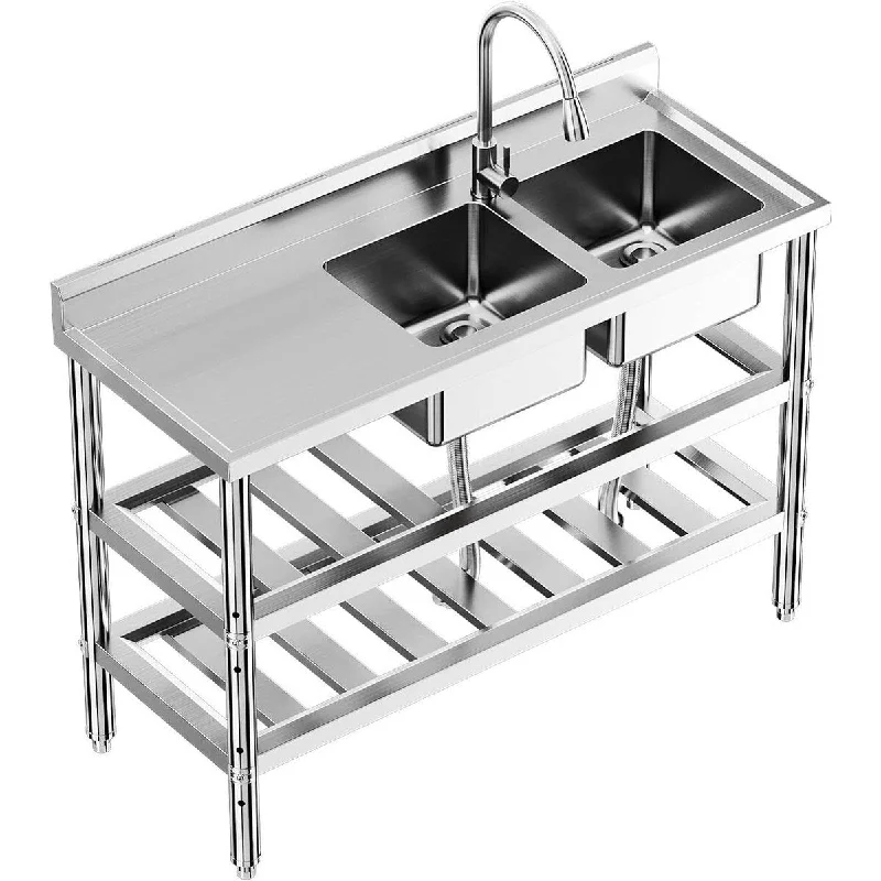 Stainless Steel Utility Sink Double Bowl with Pull-Out Faucet