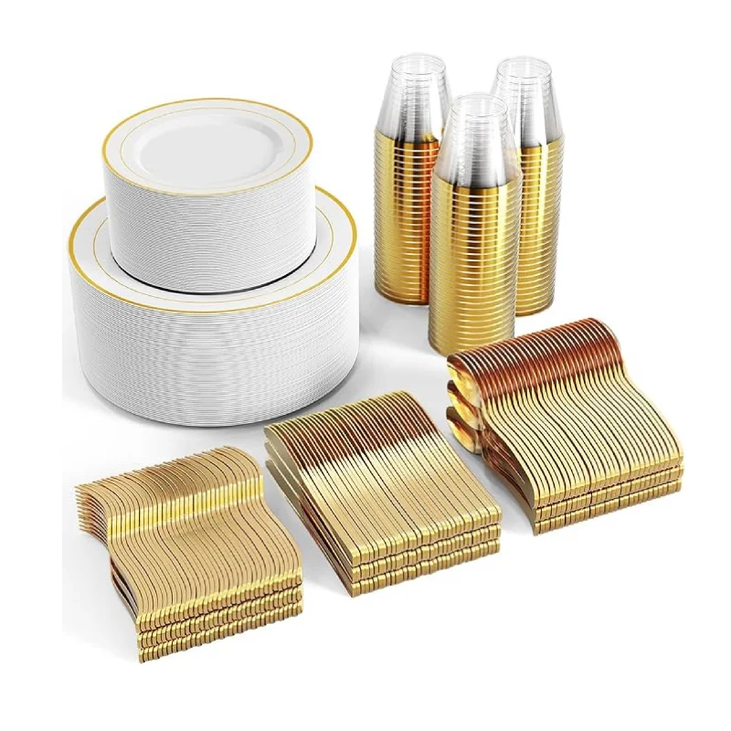 Focusline 600 Pcs Gold Plastic Disposable Dinnerware Set (Service for 100)