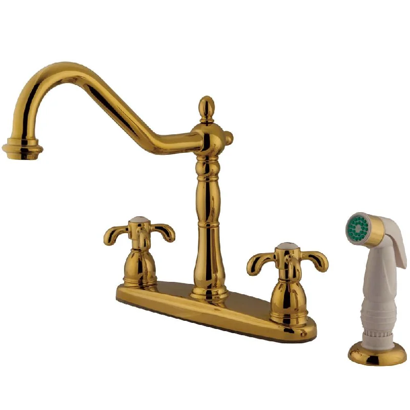 Kingston Polished Brass 8" Centerset Kitchen Faucet w/ White Sprayer KB1752TX