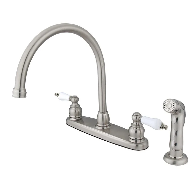 Kingston Satin Nickel Double Handle Goose Neck Kitchen Faucet w Sprayer KB728SP