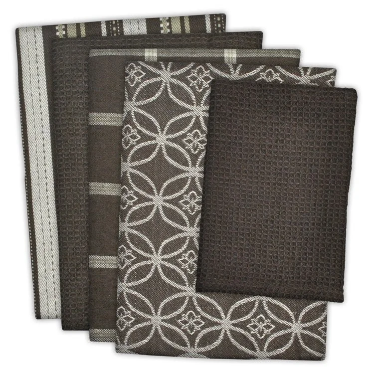 DII Assorted Dark Brown Dish Towels and Dish Cloth Set of 5