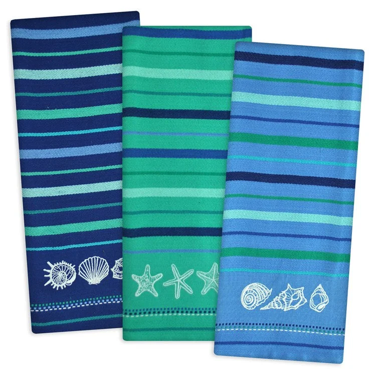 DII Assorted Embroidered Blue Sea Dish Towels Set of 3