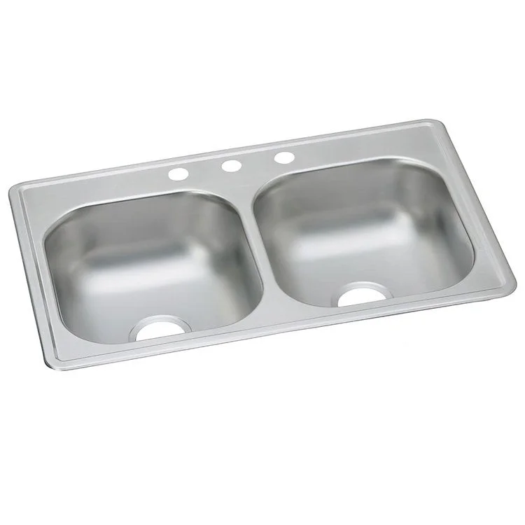 Kitchen Sink Dayton 33 x 19 Inch Double Bowl Equal 3 Hole Elite Satin Top Mount