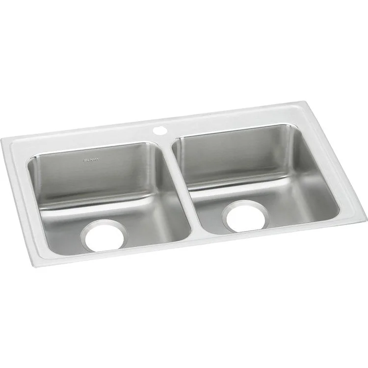 Kitchen Sink Lustertone Classic 33 x 21.25 Inch Double Bowl Equal 1 Hole ADA Lustrous Satin Drop-In Rectangle Drain Location Rear Center Depth 6-1/2 Inch Bottom Only Pads